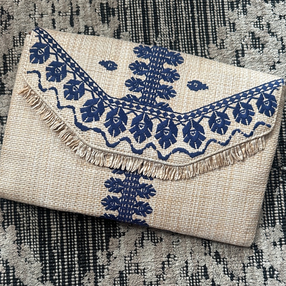 Stella & Dot Tan Clutch with Blue Embroidery